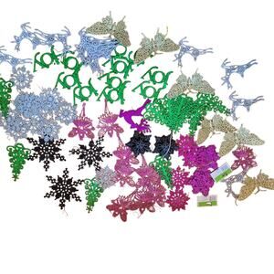 Lot 90 Glitter Christmas Ornaments, Snowflakes, Fairy, Butterfly, Joy